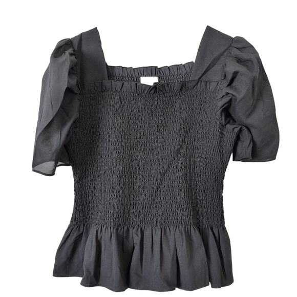 Rachel Parcell Black Smocked Blouse Size L Ruffle Puff Sleeve Square Neck Top - Picture 1 of 8